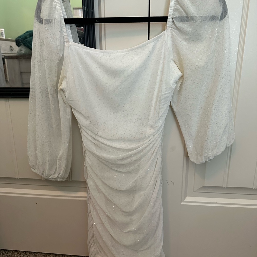 Xtraordinary White Long Sleeve Dress with Sheer Accents
